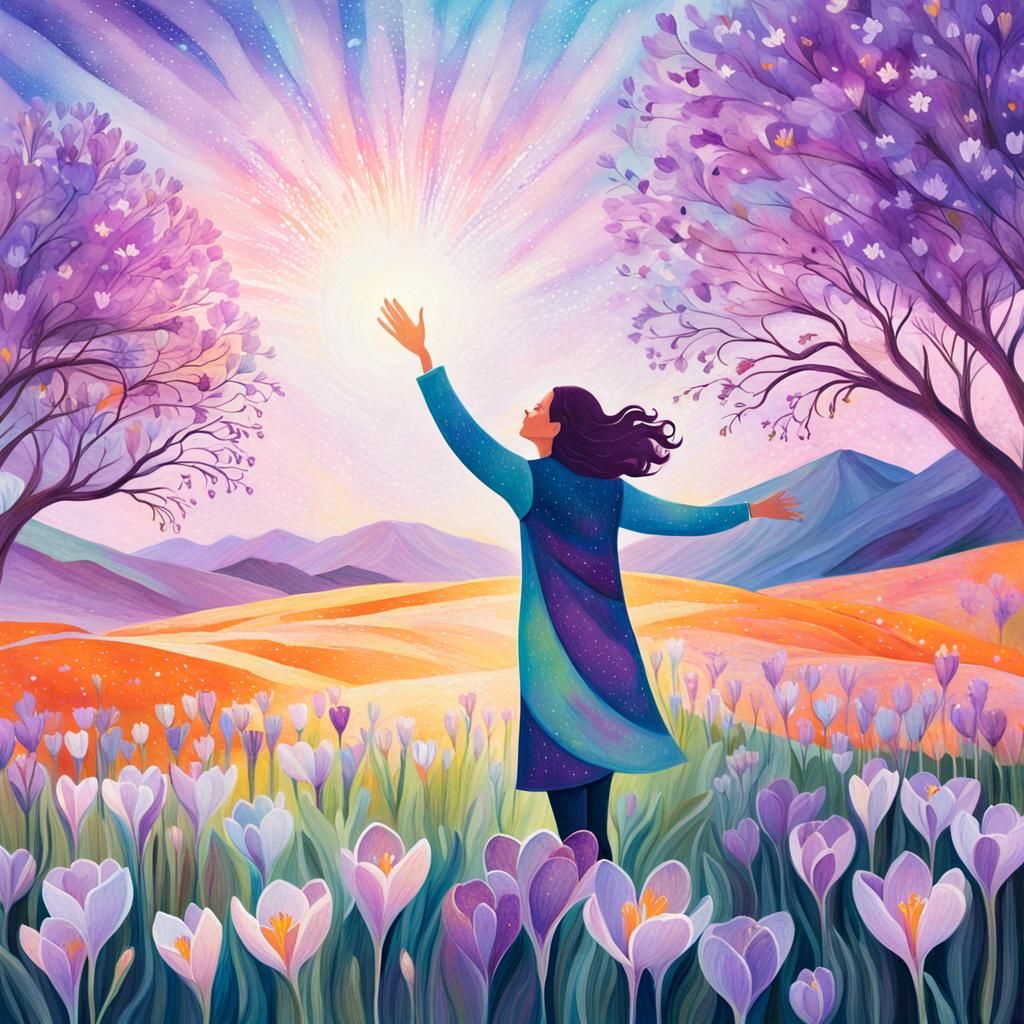 Cosmic Crocus Field: Ethereal Mixed Media Illustration