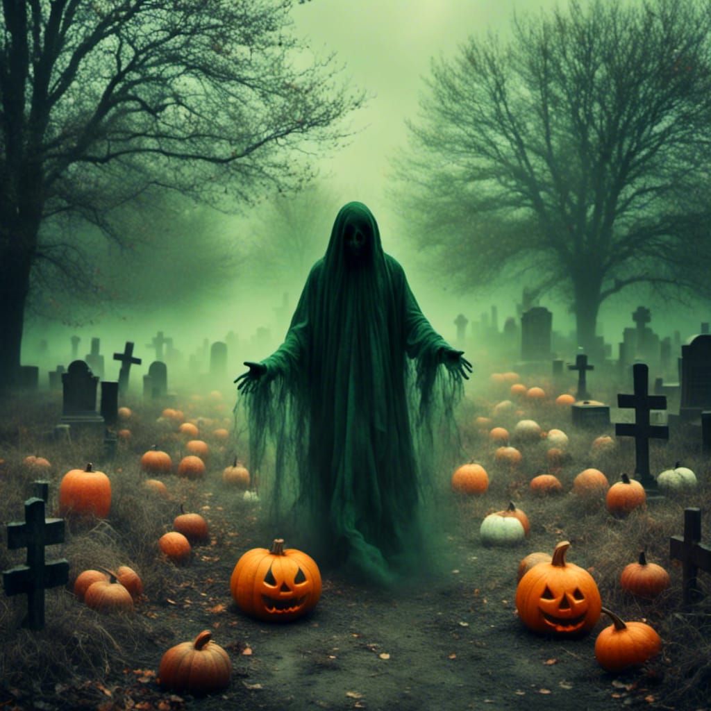 Ghostly Graveyard Scene with Flying Ghosts and Pumpkins