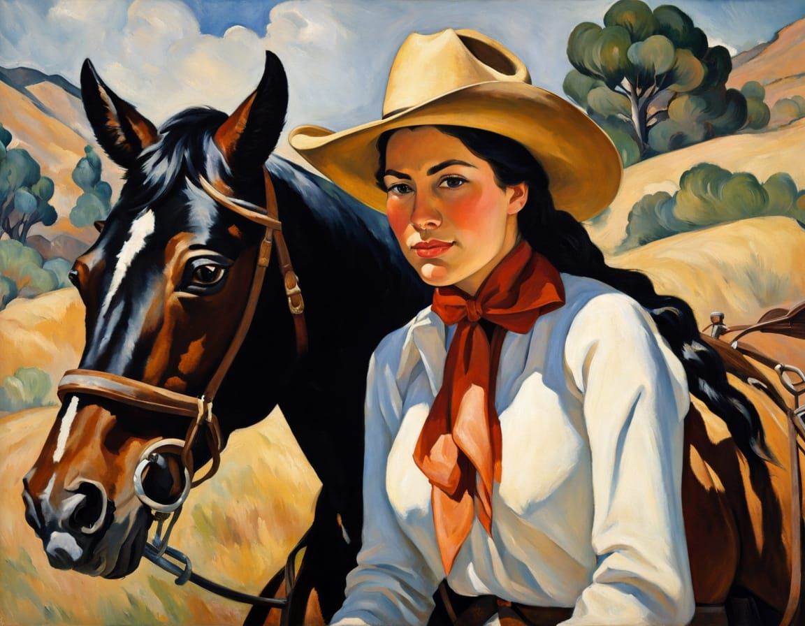 Cowgirl on Pinto Horse in Cézanne Style