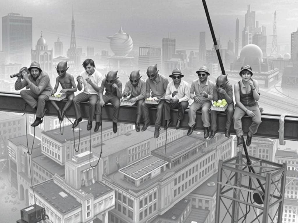 Aliens Lunching Atop Dystopian Skyscraper