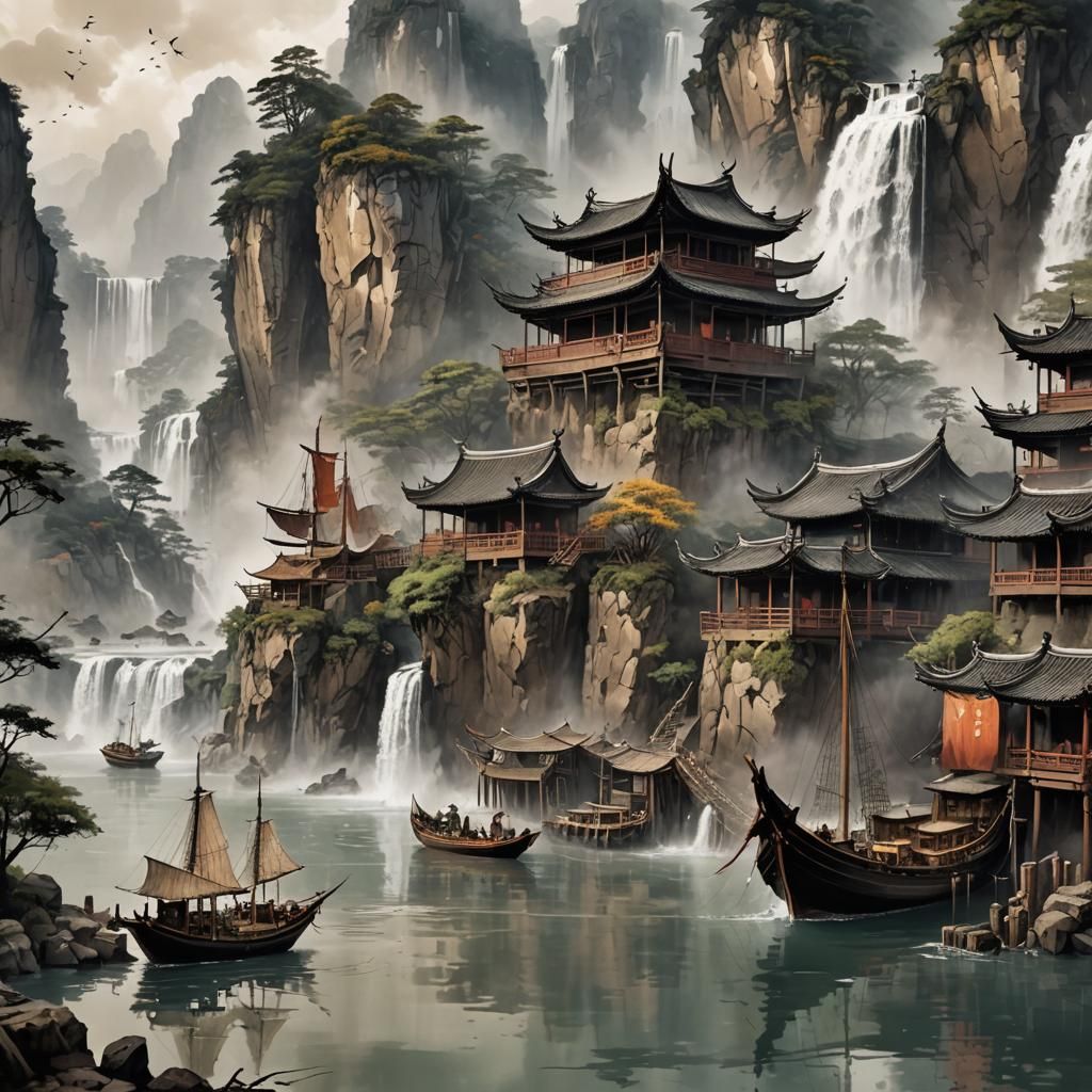 Sumi-e Painting of Chinese Junk at Harbor