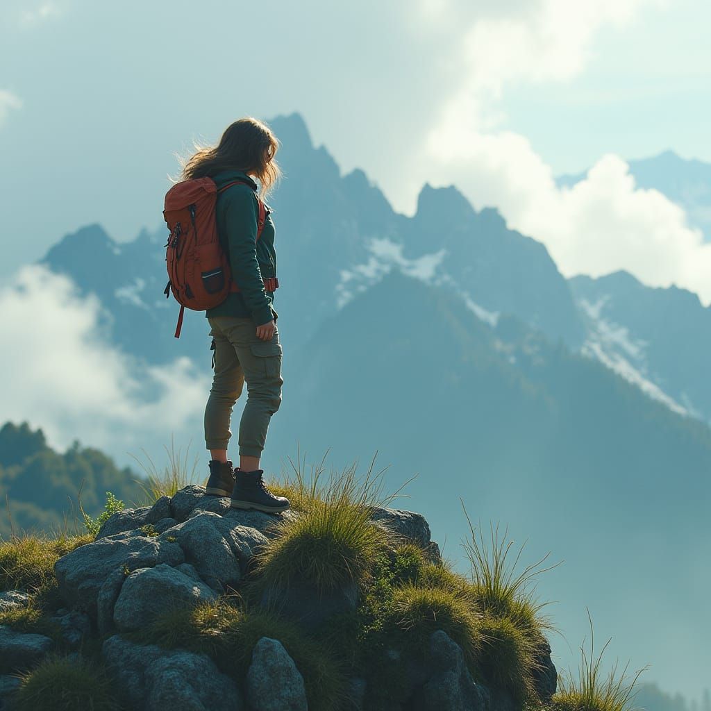 Women on Mountain Peak in Digital Painting Style