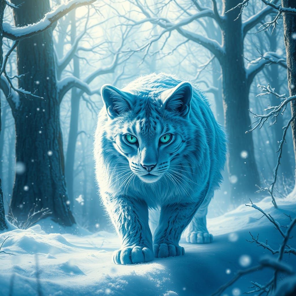 Ice Cat in Winter Forest, Hyper-Realistic 8k