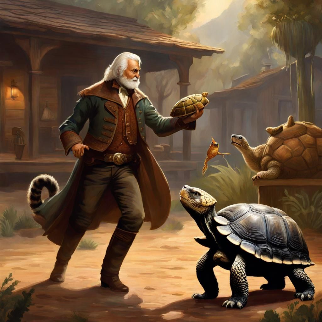 Cat-Human Hybrid Dancing with Tortoise in Old West