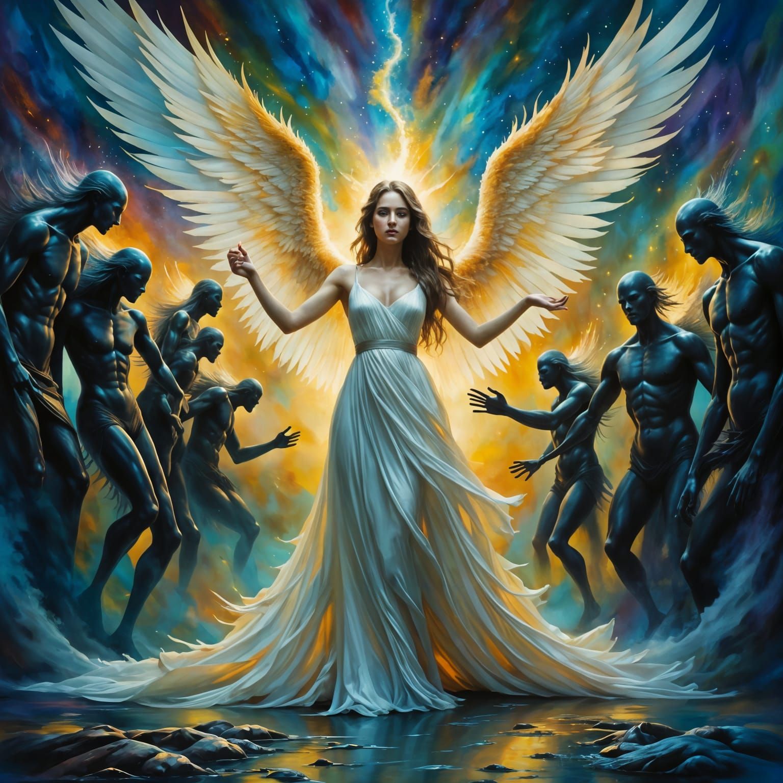 Holy Angel Repels Darkness in Neo-Impressionist Oil Painting
