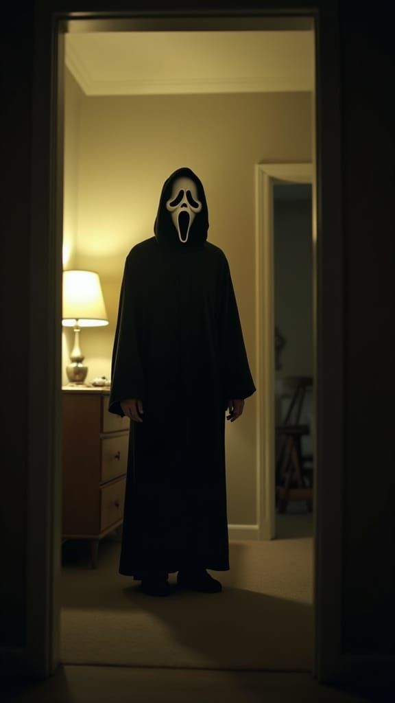 Scream Mask Figure Outside Window in Horror Scene