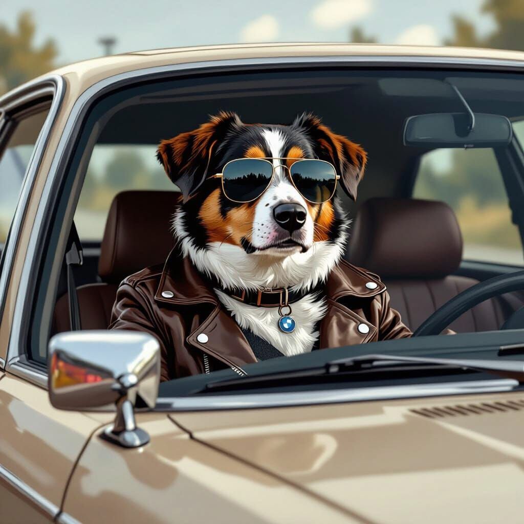Dog Drives BMW in Realistic Digital Art Style