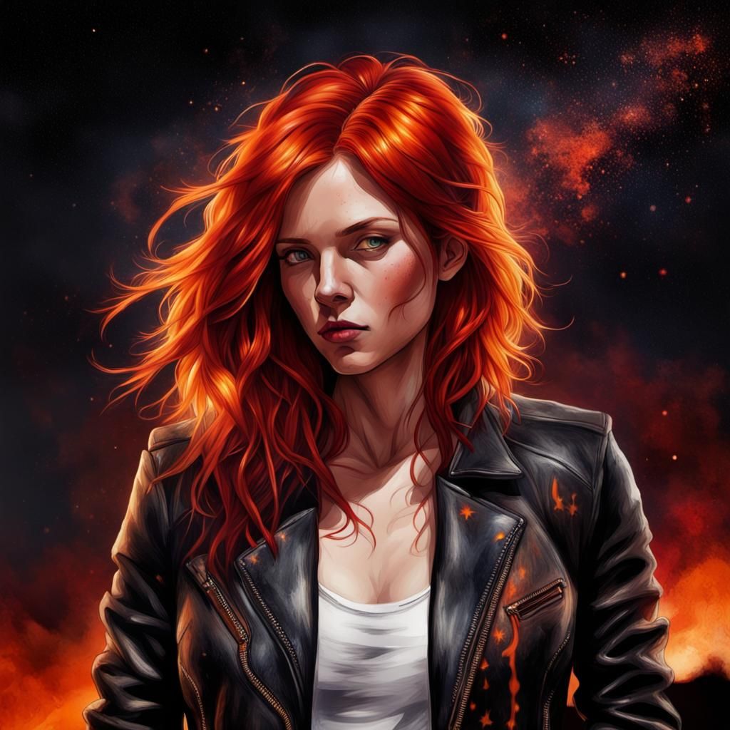 Powerful Woman with Fiery Hair in Pyrography Art