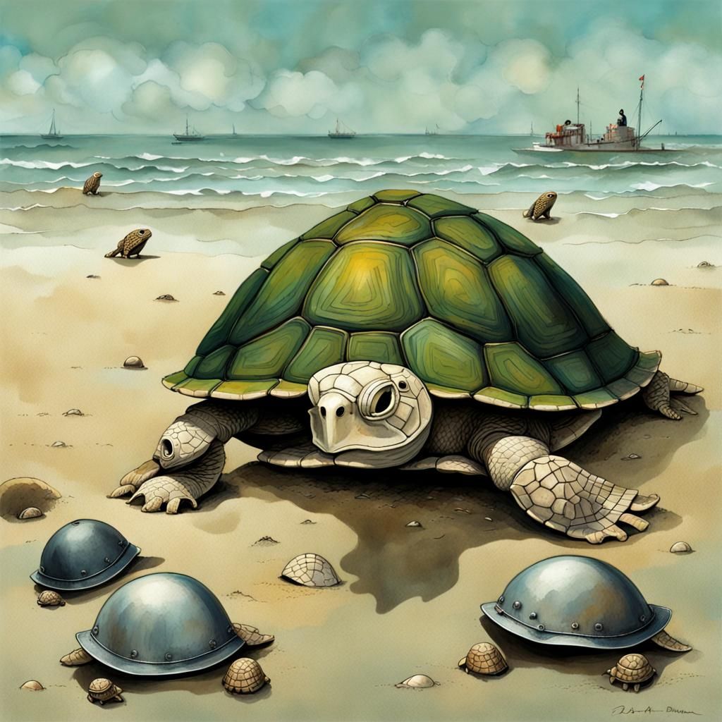 Turtle Shell Helmet on Rainy Beach, Detailed Illustration
