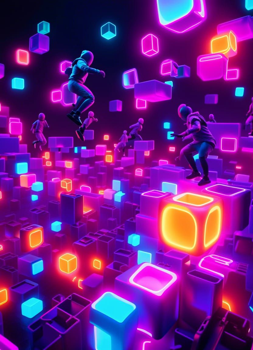 Neon Humanoids Parkour in Cyberspace Void