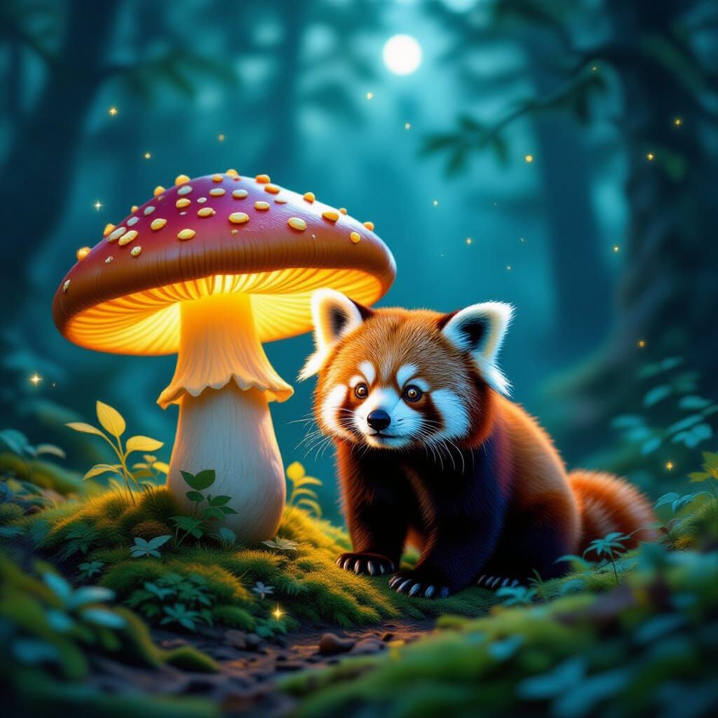 Red Panda Peeks from Glowing Mushroom in Mystical Forest