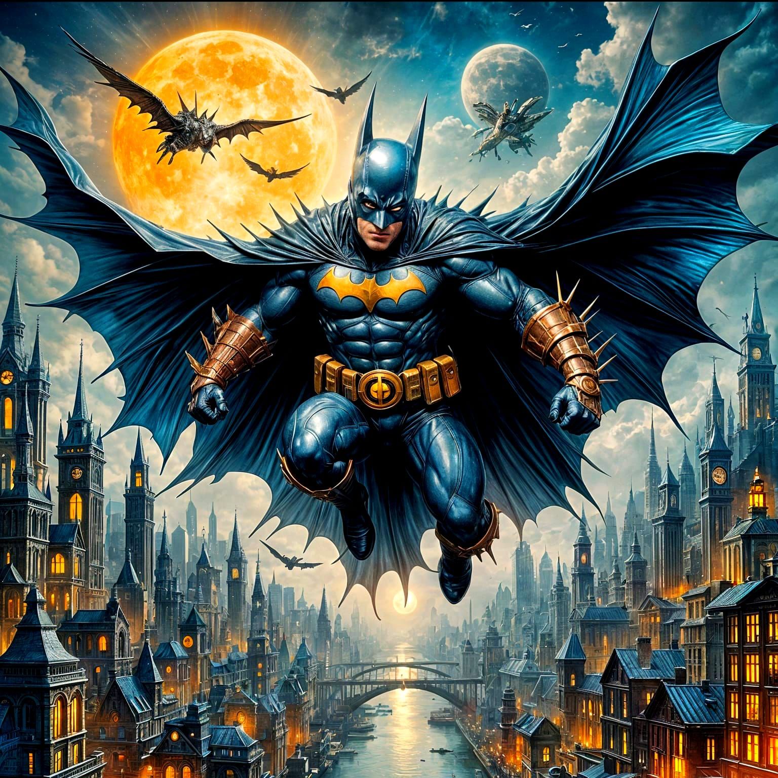 A steampunk Batman soars through the air above a sprawling Gotham City.