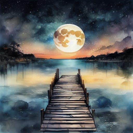 Moonlit Beach in Sparkling Watercolor Style