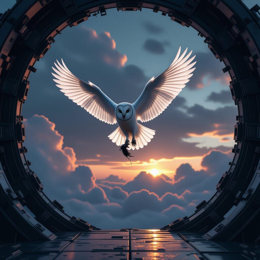 White Owl Soaring in a Futuristic Dusk Landscape