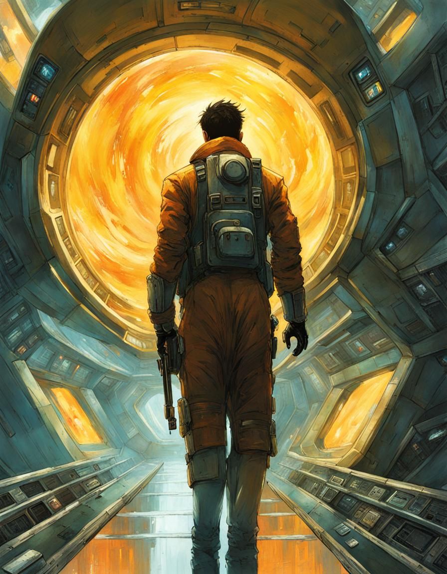 Man Reaches Spaceship in Detailed Sci-Fi Illustration