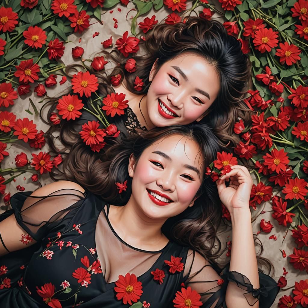 Smiling Woman with Updo on Red Flowers