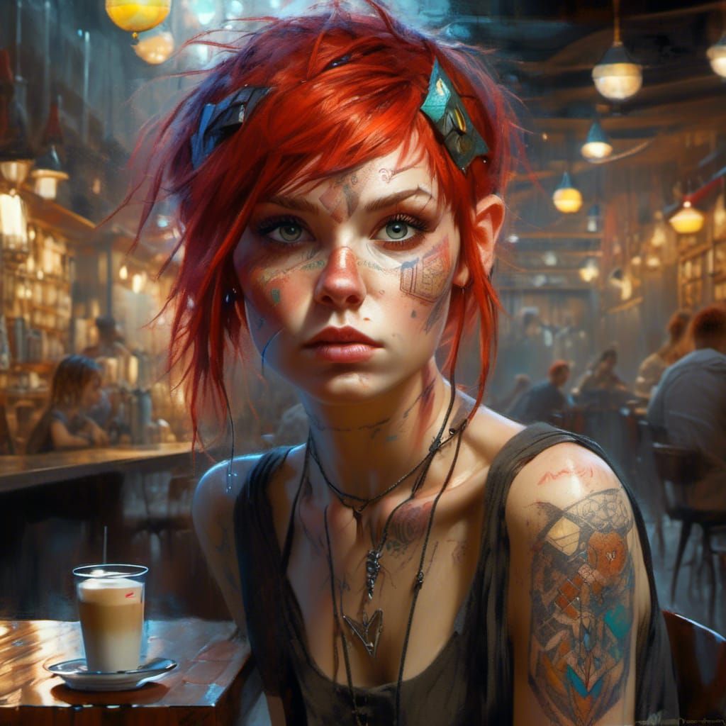 Magical Tattooed Pixie in Coffee Shop, as Oil Painting
