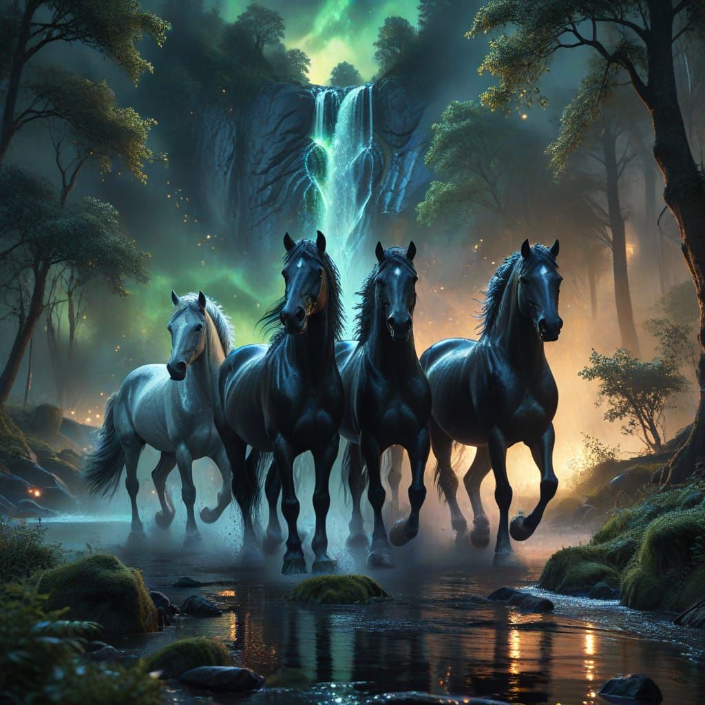Majestic Horses Under Vibrant Moonlight in Fantasy Landscape
