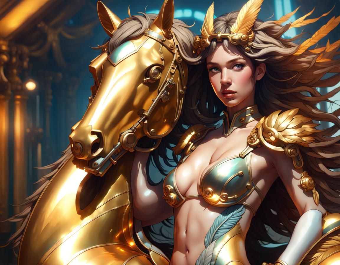 Amazon Warrior on Mechanical Horse: Hyperdetailed Portrait