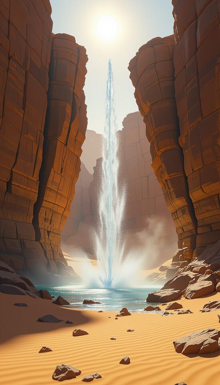 Desert Rock Cracks Open Revealing Water Fountain