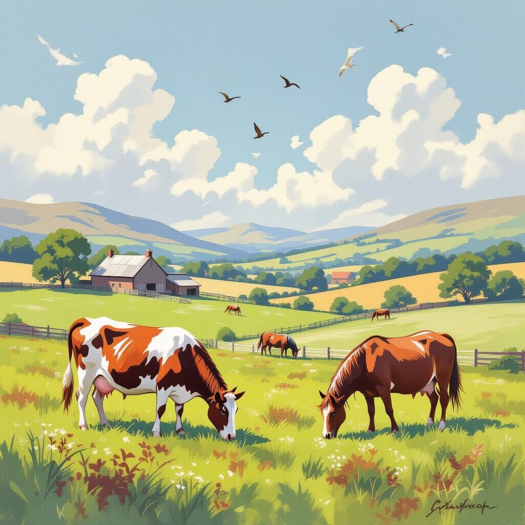 Pastoral Scene: Cows and Horses in Lake District