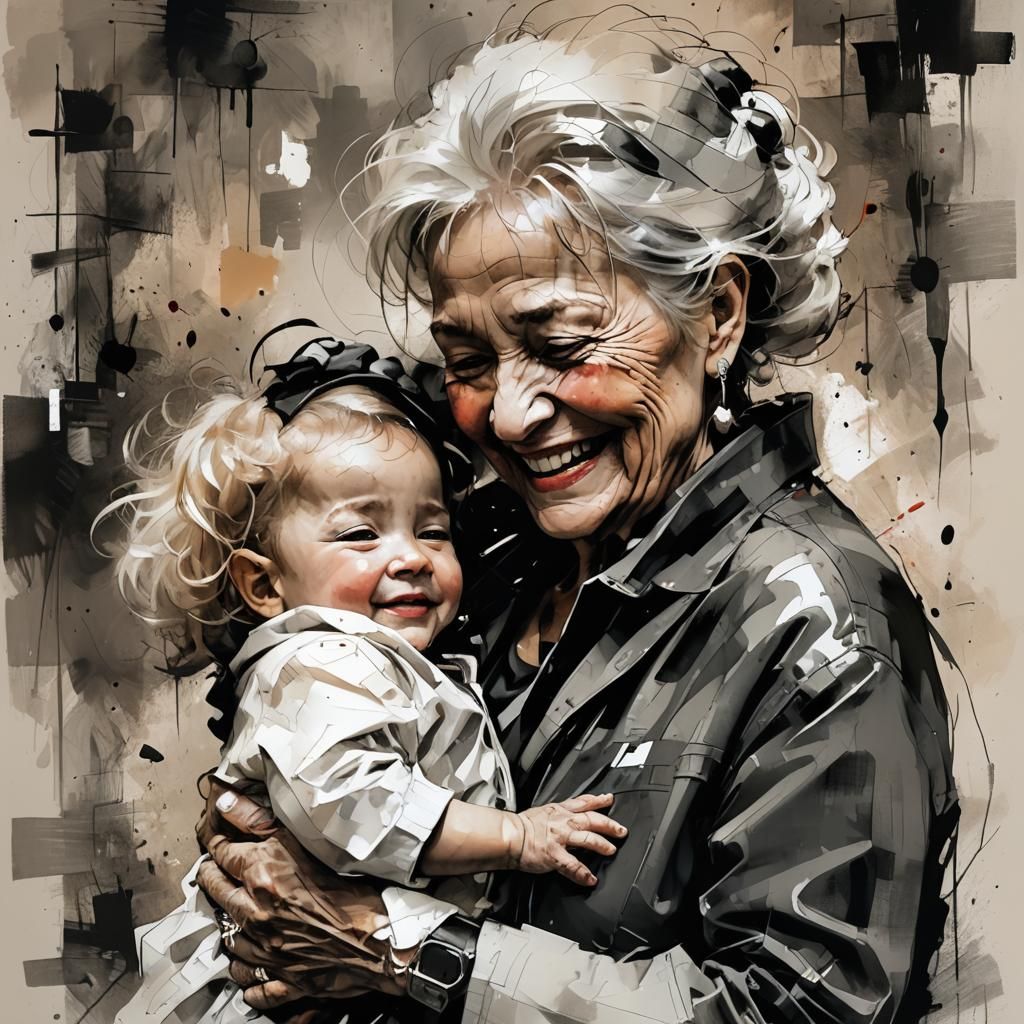 Grandmother and Toddler in Comic Noir Style