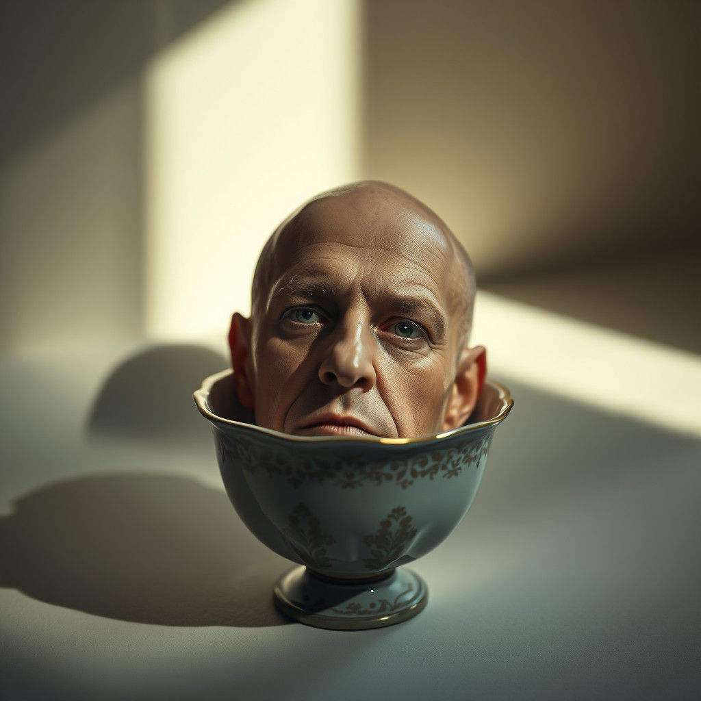 Hyperrealistic Head in Eggcup, Moody and Contemplative