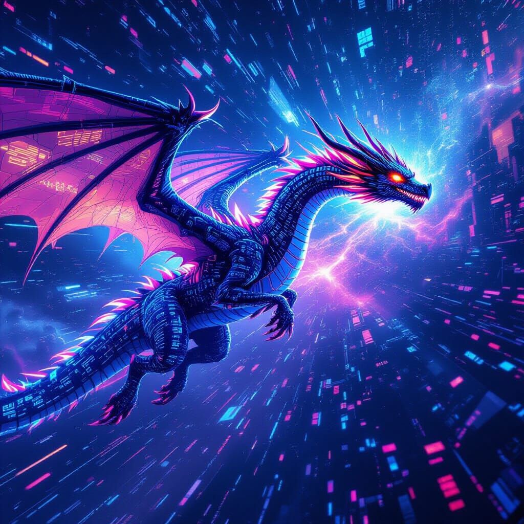 Digital Dragon Soaring Through Neon Data Nebula