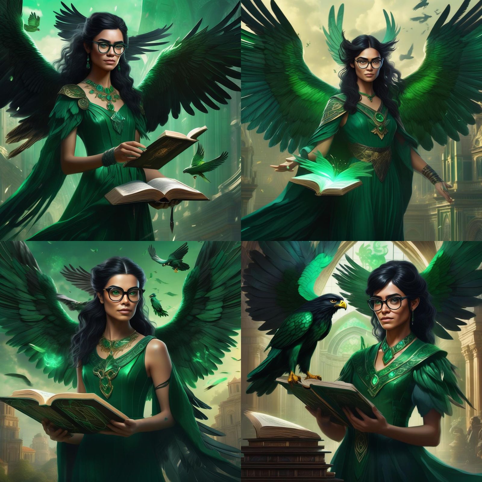 Striking Harpy Portrait with Spellbook, Fantasy Concept Art