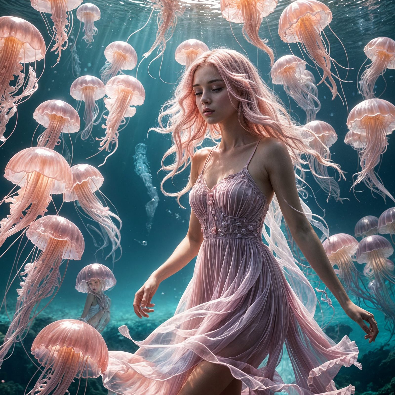 Pink-Haired Girl in Jellyfish Dress Underwater