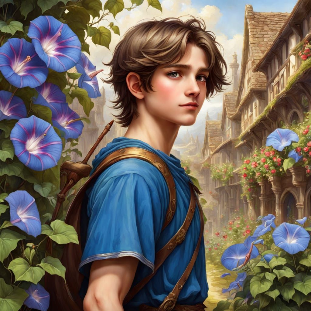Cheerful Boy in a Medieval Morning Glory Garden