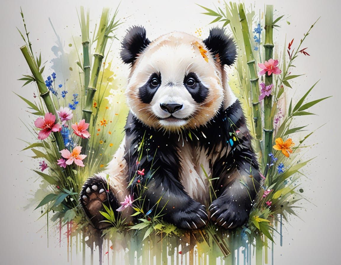 Adorable Panda in Sunlit Bamboo Forest: Vibrant Wildflowers