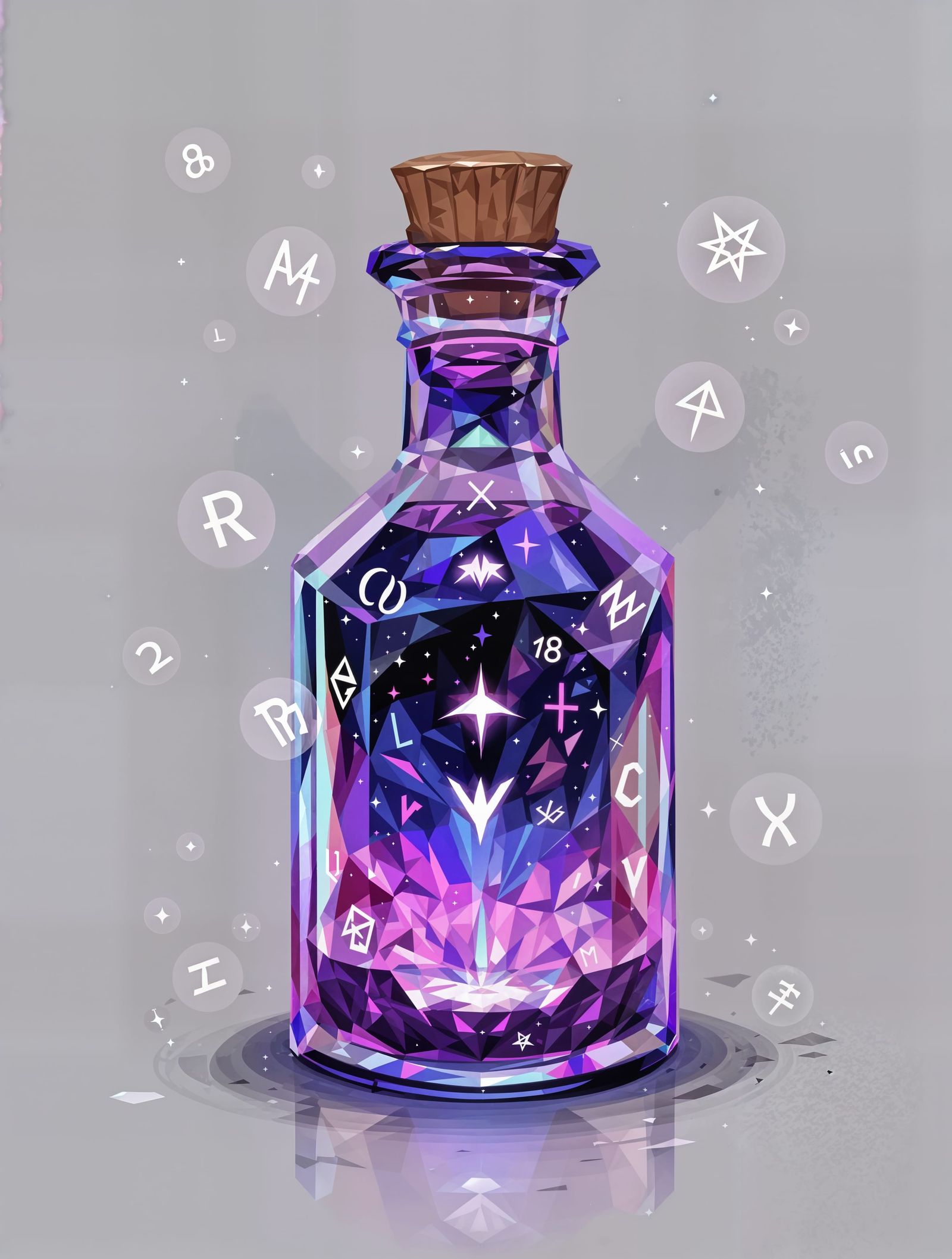 Crystal Potion Bottle with Glowing Runes in Vibrant Colors