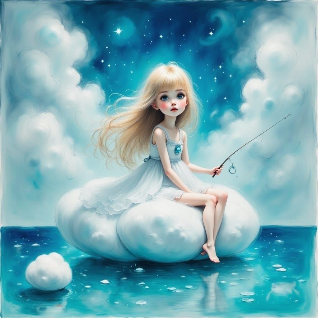 Girl Fishing from Cloud in Detailed Digital Painting