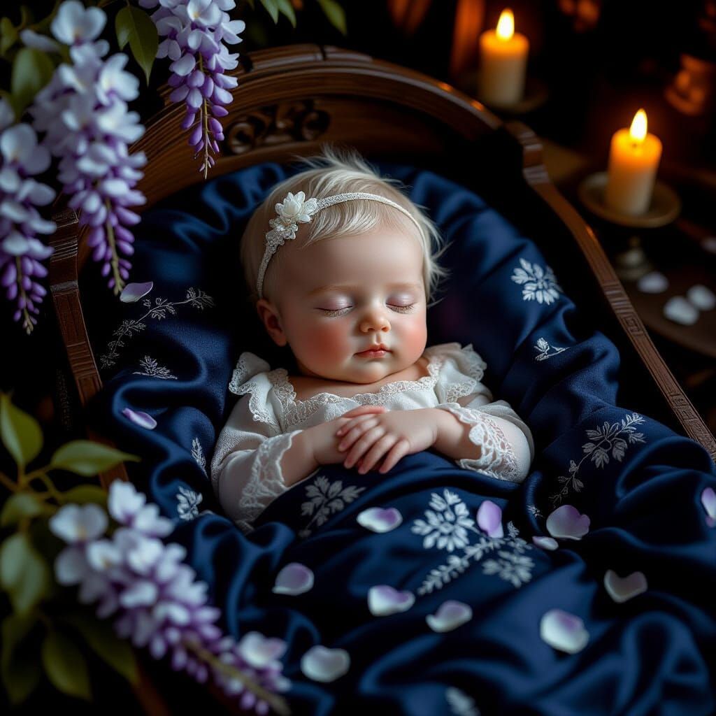 Pale Newborn in Wisteria Bassinet, Somber Digital Art