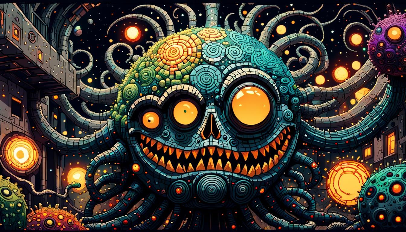 Pixel Art of Evil Monsters in Retrofuturist Style