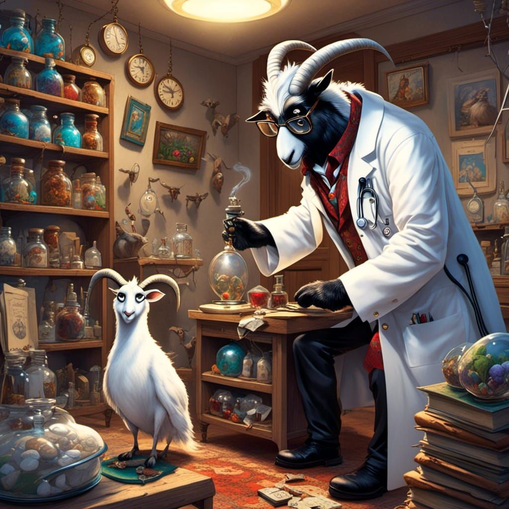 Anthro Goat Doctor with Owl Patient Cartoon