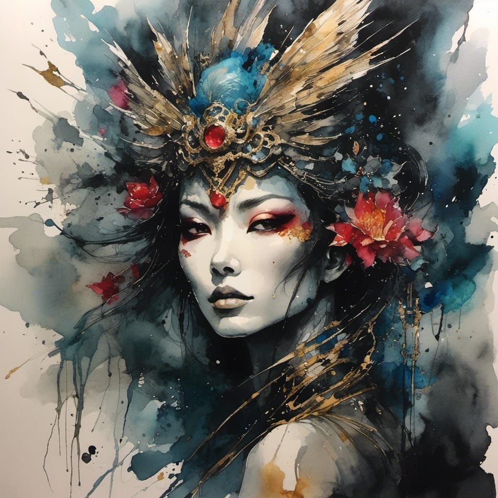 Conceptual Asian Android in Water Ink Style