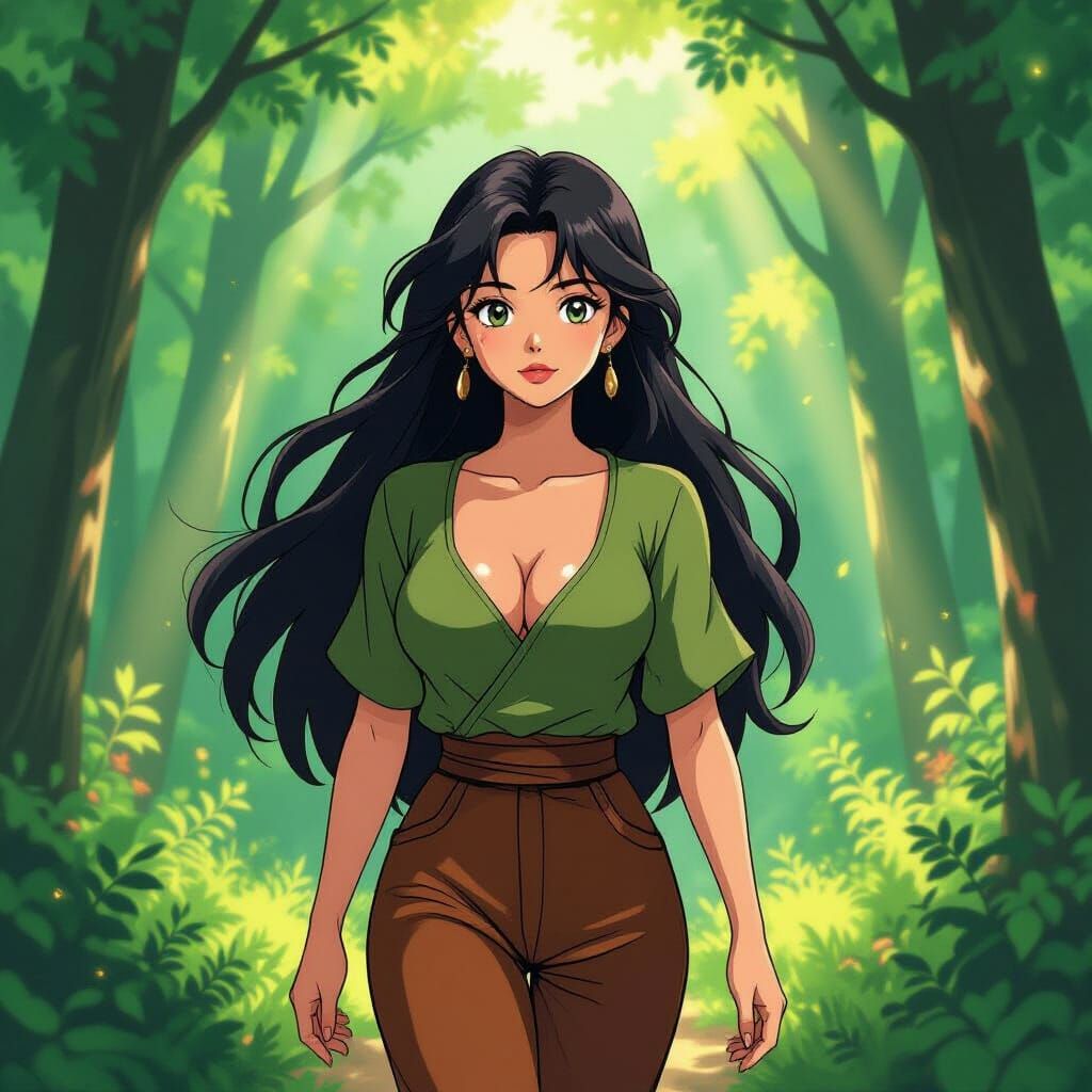 Anime Forest Walk: Woman in Green Tunic