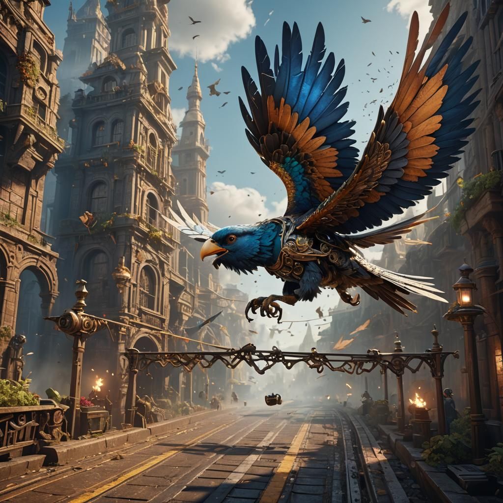 Mechanical-Winged Bird Wins, Detailed Digital Art