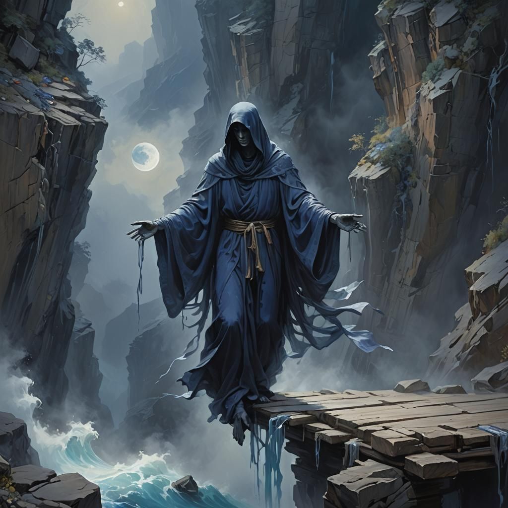 Ethereal Figure Crossing Bridge in Dreamy Landscape