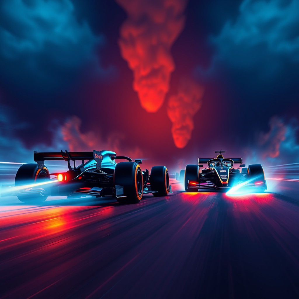 Sleek F1 Cars Blaze Midnight Finish in Ethereal Light