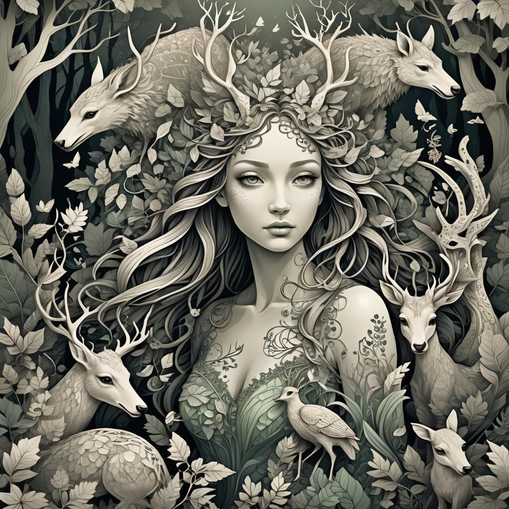 Nymph with Forest Animals in Abstract Style