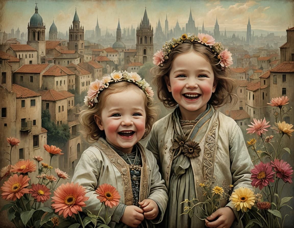 Toddler Friends Laughing, Whimsical Folk Art Portrait