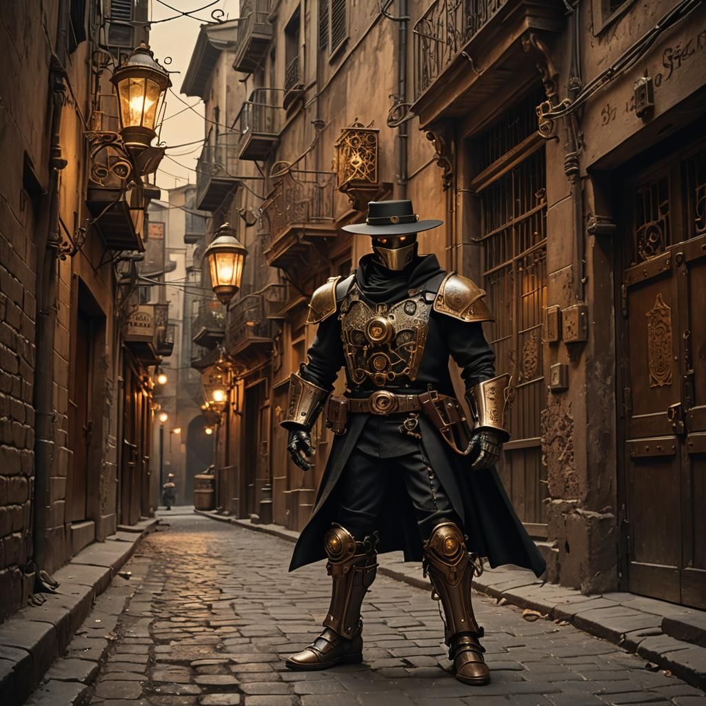 Steampunk Zorro Robot in Dimly Lit Alleyway