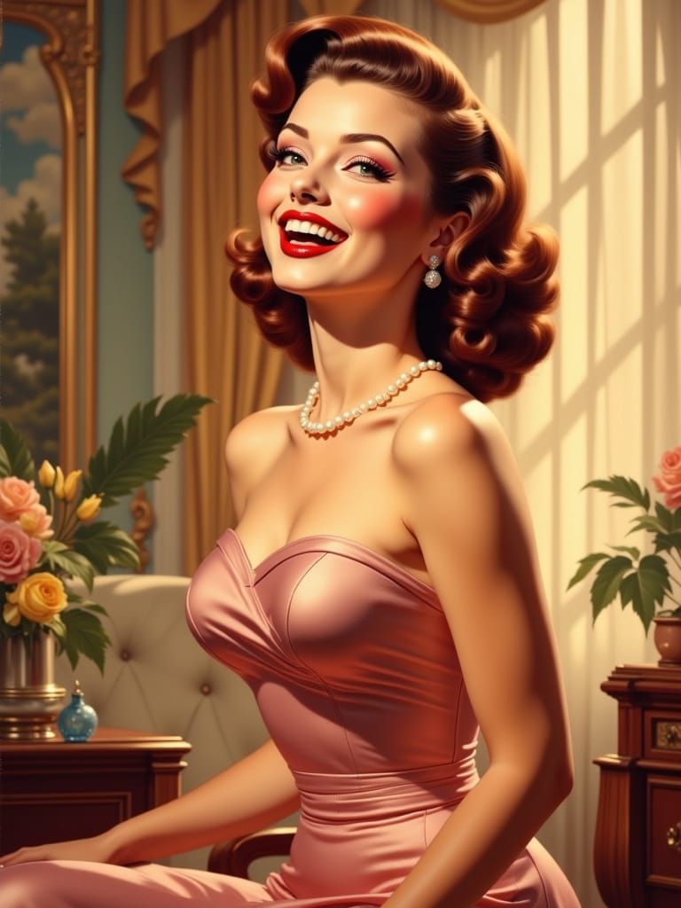 Mid-Century Pin-Up Woman Laughing in Warm Light