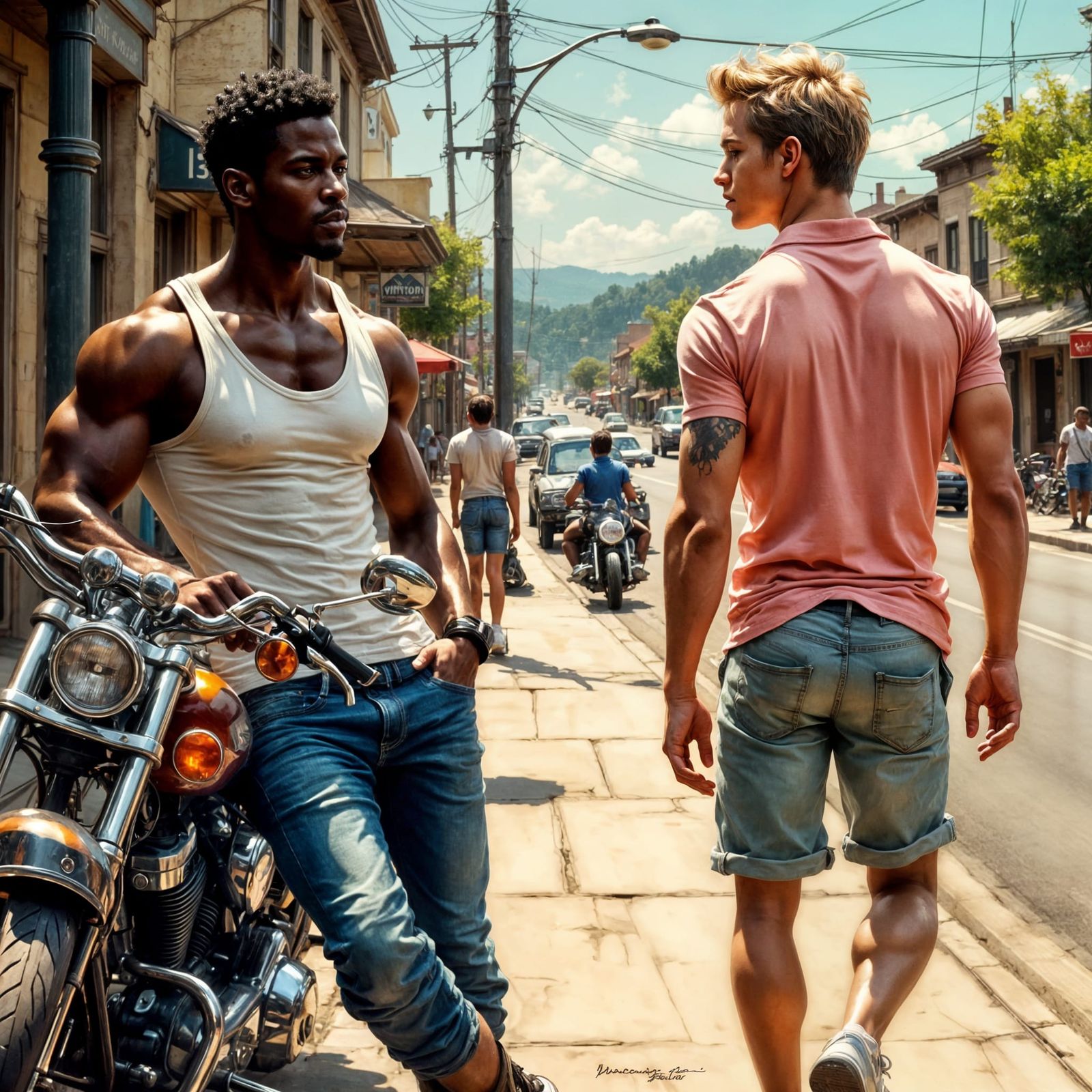 Tall Blond Man Walks Down Main Street, Caught by Muscular Da...