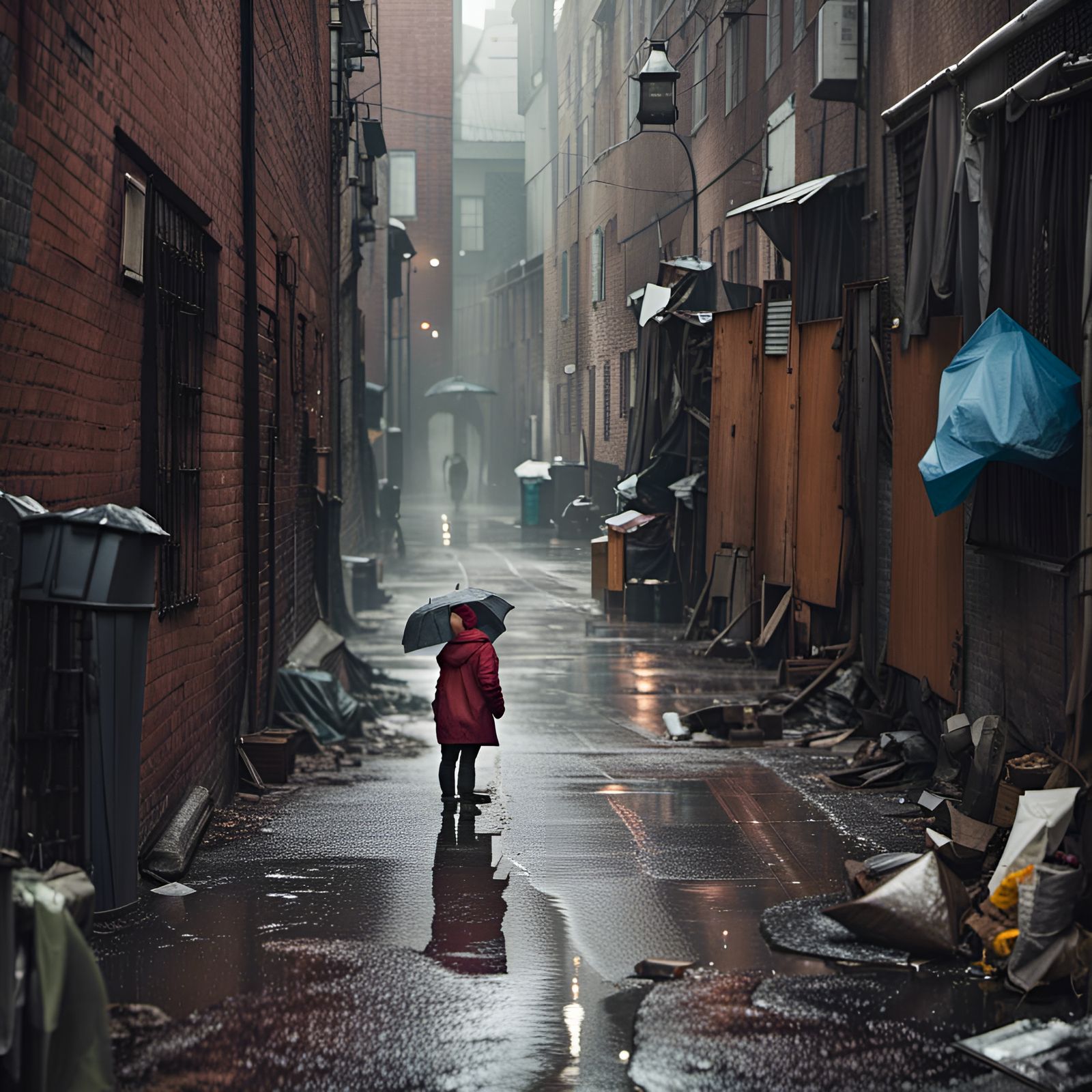 Desolate Child in Rainy Alleyway