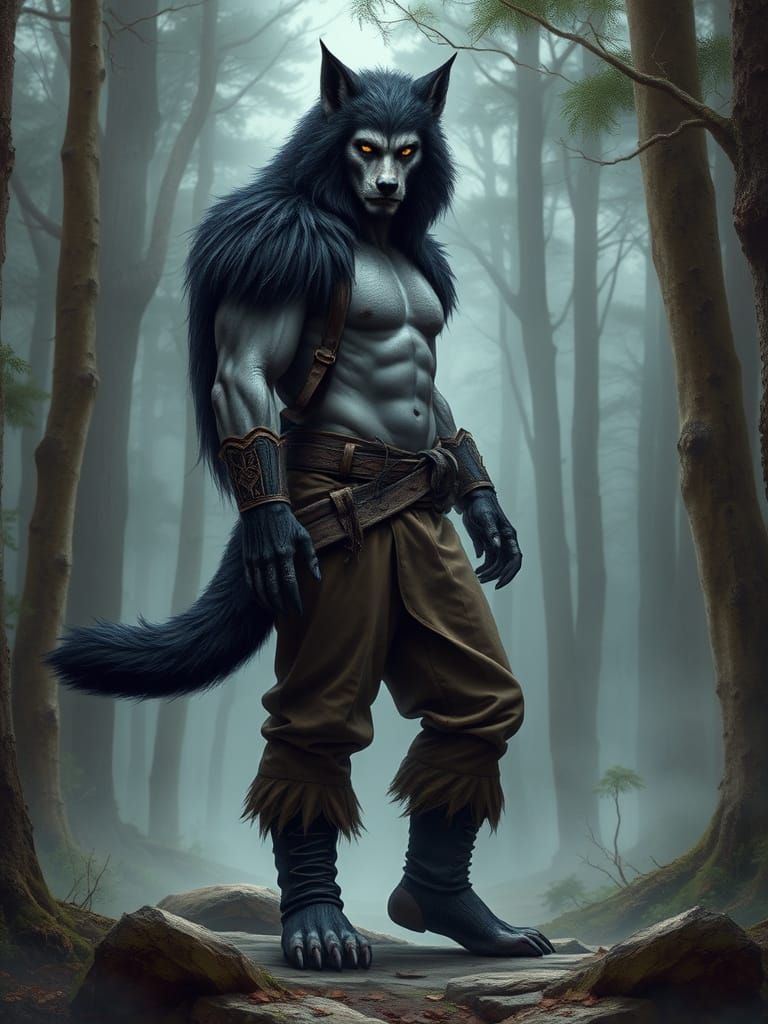 Ethereal Fantasy Werewolf Stands Tall in the Woods