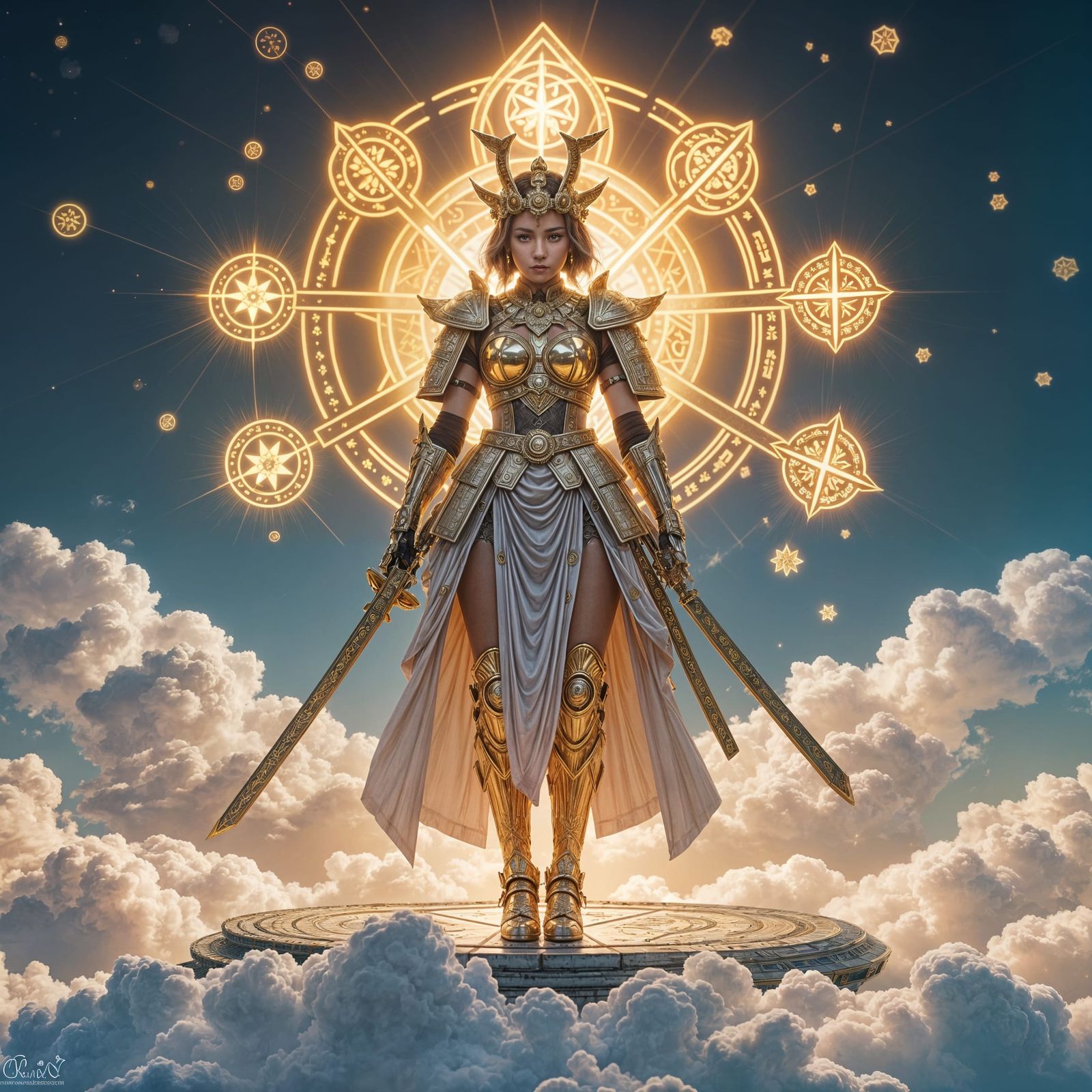 Goddess in Golden Armor on Ethereal Pedestal